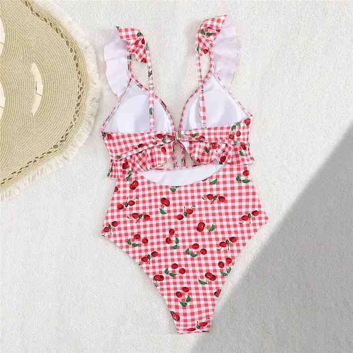 Doux rose cerise Plaid maillot de bain imprimé à volants une pièce Sexy maillot de bain femme 2026 évider Monokini natation maillot de bain costume