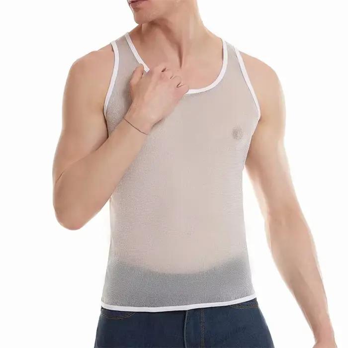 Maillot de corps transparent brillant pour homme, maillot de corps moulant, maillot de sport respirant, maillot de fitness