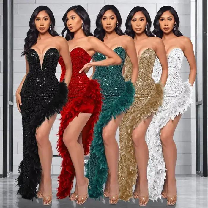 Robes pour femmes, modèle fourreau, bustier, pour soirée et bal de promo, ornées de plumes et de paillettes, magnifiques, coupe ajustée, sexy, dos nu, effet enveloppant sur les fesses, Vestidos