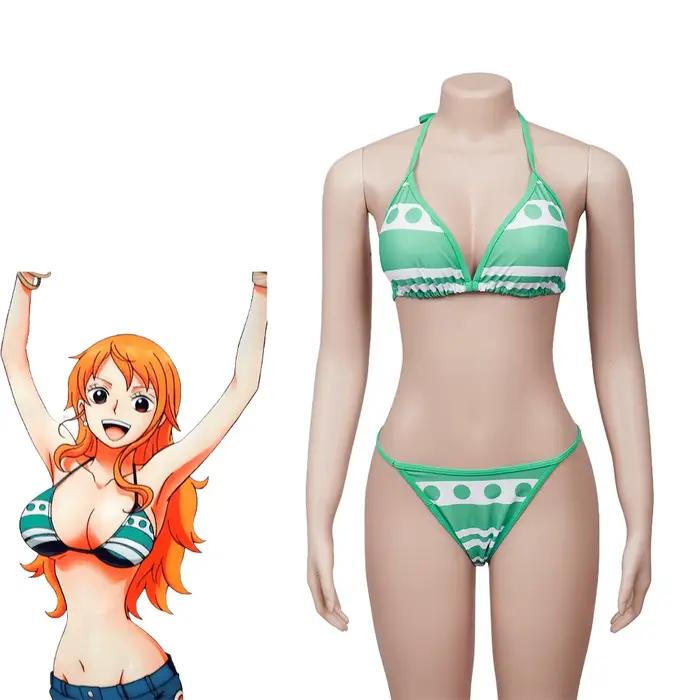 Maillot de bain sexy à col licou pour filles, costume de cosplay anime Nami, ensemble bikini, tenue de plage d'Halloween, maillots de bain imbibés