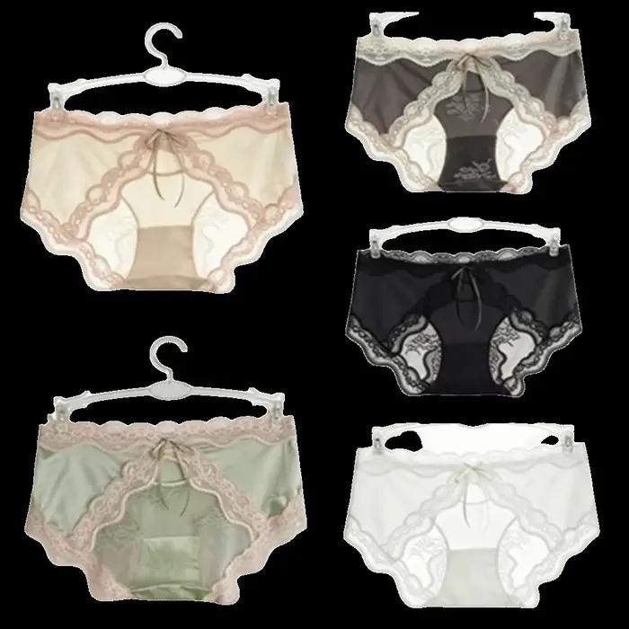 Culottes taille moyenne en dentelle et satin, avec nœud invisible, patchwork en maille transparente pour femme