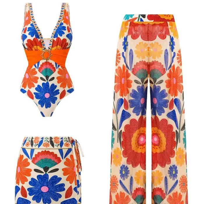 Nouvel ensemble de maillots de bain bohèmes imprimés pour femmes 2026 – Maillot de bain tendance avec short et pantalon long, maillot de bain une pièce très élastique