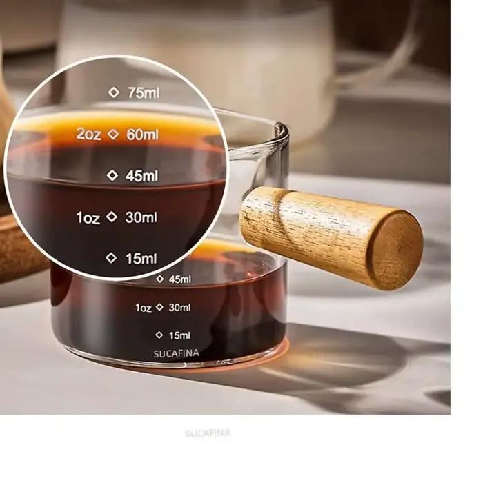 Tasse à mesurer expresso 75ml, pichet à lait à Double bec avec manche en bois et balance pour Barista café Latte Extraction verre à Shot