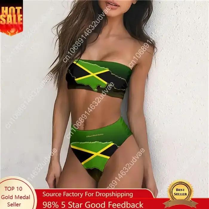 Maillot de bain grande taille pour femme, motif drapeau de la Jamaïque 2025, ensemble bikini sexy deux pièces, maillot de bain push-up bandeau