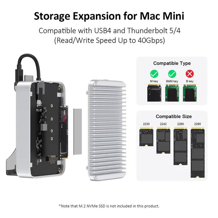 Hub USB C avec boîtier SSD M.2 40Gbps pour Mac Mini M4/M4 Pro support Station d'accueil type-c boîtier SSD USB3.2 Gen2 SD4.0 TF4.0