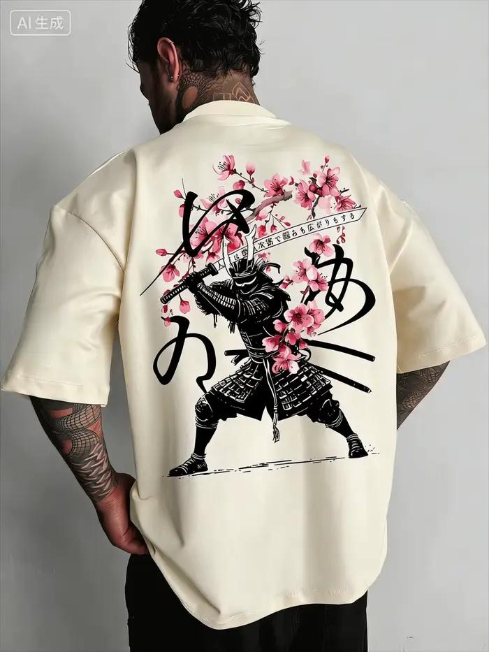 T-shirt imprimé couteau de samouraï japonais à fleurs de cerisier pour homme, décontracté, à manches courtes, idéal pour un usage quotidien, excellent cadeau pour homme