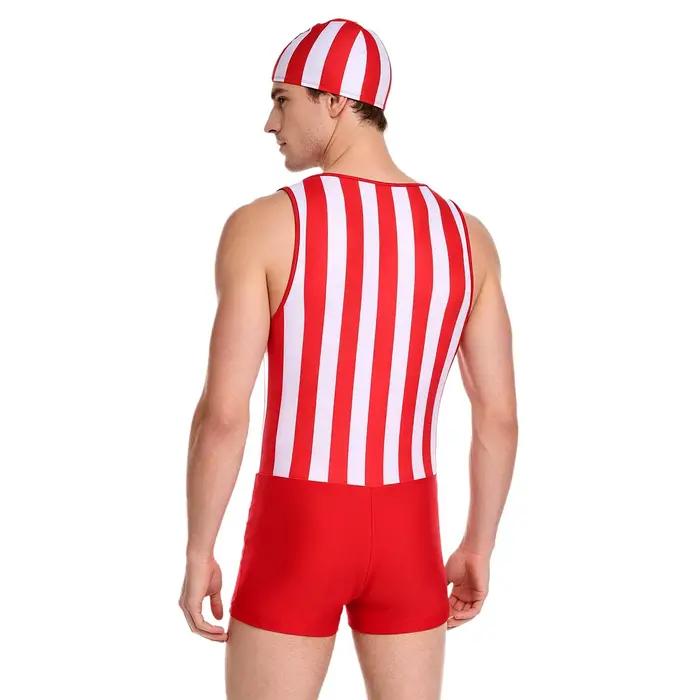 Combinaison de bain rayée pour homme, séchage rapide, sans manches, une pièce, avec bonnet, pour le sport et le fitness, sous-vêtements, shorts