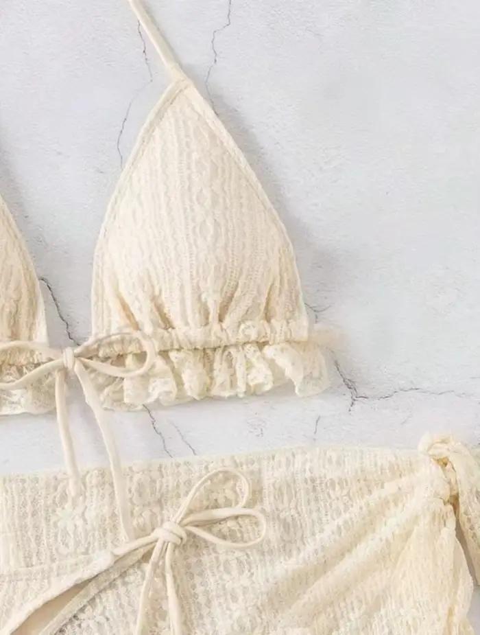 2025 femmes Sexy licou Bikini 3 pièces ensemble solide blanc laiteux maillot de bain avec maille couverture Ups plage