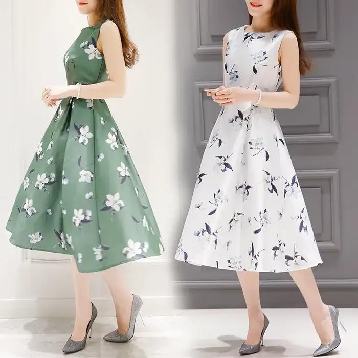 Robe trapèze amincissante pour femmes, longueur moyenne, sans manches, imprimée, ajustée à la taille