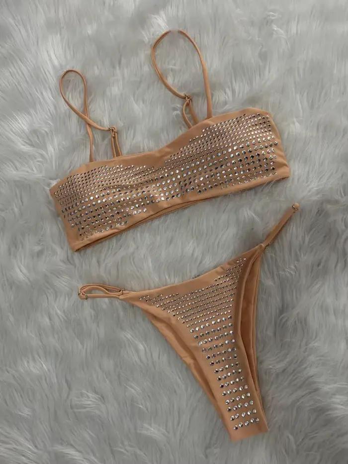 Luxe noir Bikini 2026 femmes Sexy diamant strass Push Up Mini maillot de bain brésilien plage