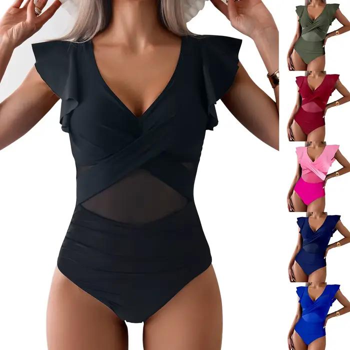 Maillot de bain une pièce pour femme 2026, séchage rapide, sport, couleur unie, col en V, manches courtes, vêtements de bain pour femme