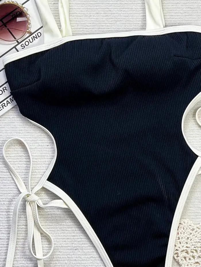 Maillot de bain une pièce noir avec bordure blanche pour femmes