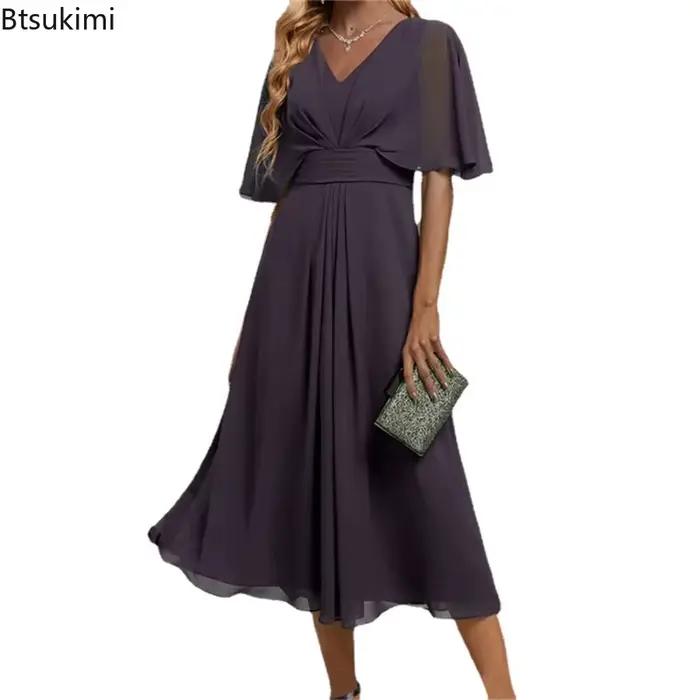 Robe de soirée longue et élégante pour femmes, grande taille, ligne A, col en V, volants, en mousseline de soie, Robe de mariée formelle, éblouissante, 2026