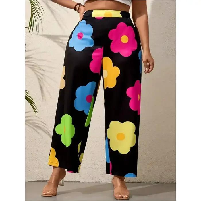 Pantalon large à imprimé floral coloré pour femmes, taille haute, style vacances, printemps-été, coupe confortable, pantalon décontracté