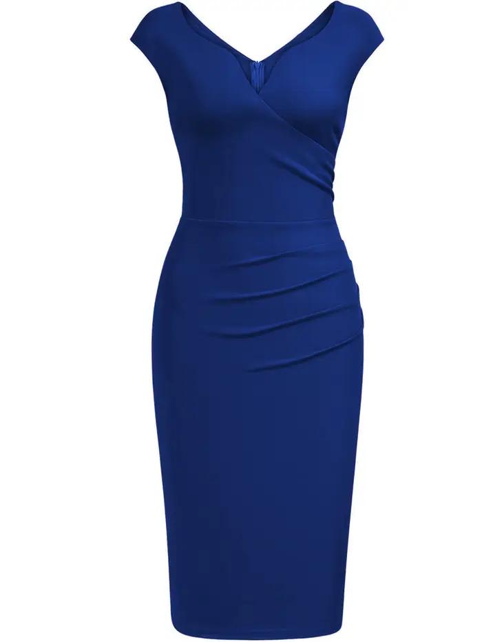 Robe fourreau élégante pour femme, à manches courtes, col en V, froncée, longueur genou, pour cocktail, soirée ou tenue habillée