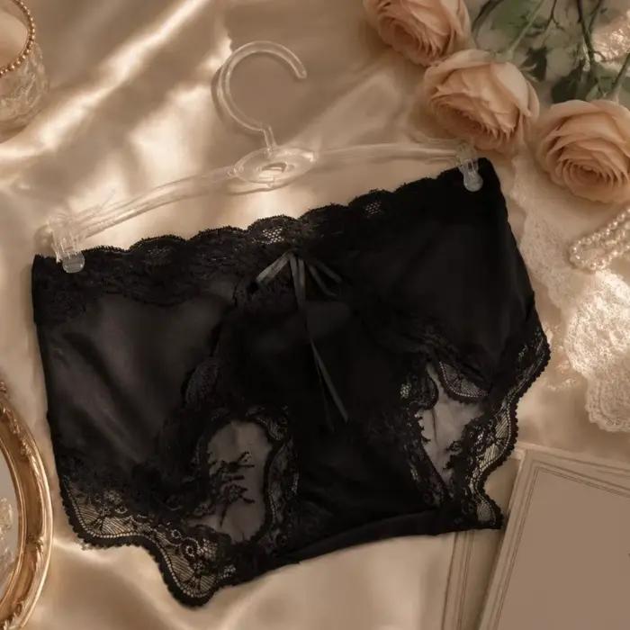 Culottes taille moyenne en dentelle et satin, avec nœud invisible, patchwork en maille transparente pour femme