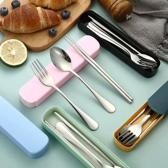 1 ensemble de vaisselle Portable en acier inoxydable, baguettes, cuillères, fourchettes, ensemble de deux/trois pièces avec boîte