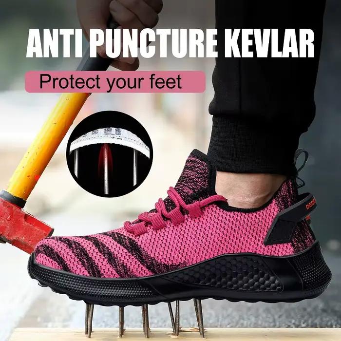 Chaussures de sécurité pour femmes, couleur rouge Rose, anti-écrasement, anti-perforation, chaussures indestructibles, baskets de travail, chaussures à bout en acier, grande taille 35-44