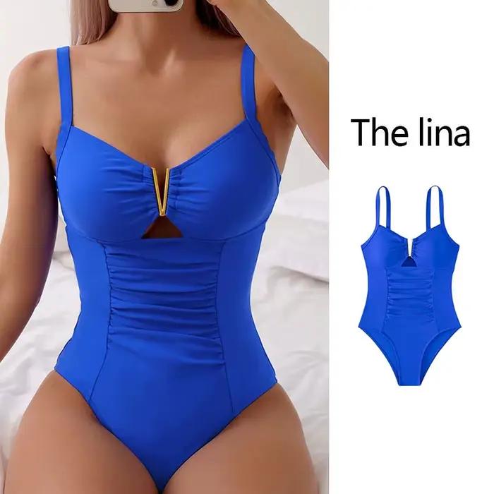 Maillot de Bain Femme Taille Haute Push-Up Col En V Polyester Térilène Pour Filles Occasions Spéciales Plage Activités Aquatiques