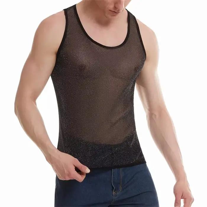 Maillot de corps transparent brillant pour homme, maillot de corps moulant, maillot de sport respirant, maillot de fitness