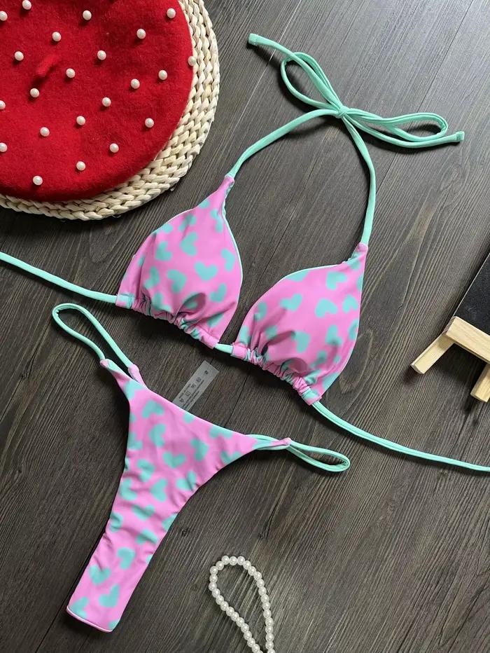 Maillot de bain fendu dos nu imprimé amour, bikini sexy, nouveau, 2024