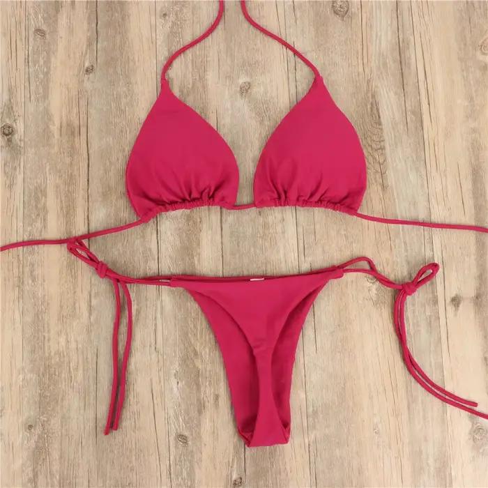Maillot de bain rose Bikini femmes couleur unie Sexy jambe haute string maillots