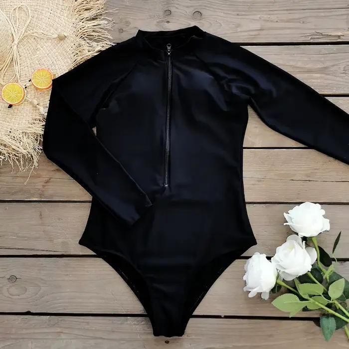 Maillot de bain une pièce à manches longues pour femme 2026 – Monokini uni tropical pour le surf et la natation
