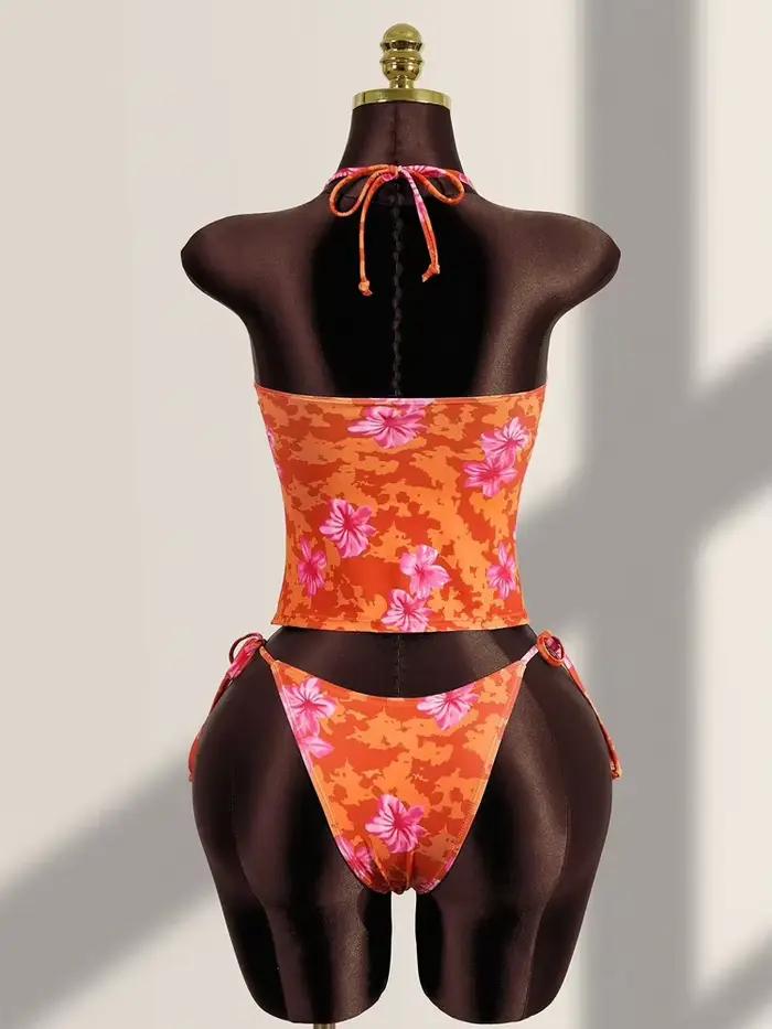 Été Orange Floral Imprimé Tankini Ensemble pour les Femmes