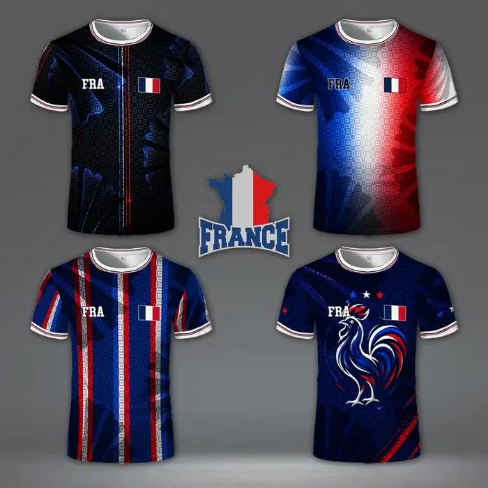 Maillot de football imprimé drapeau français, t-shirt d'été unisexe décontracté à manches courtes, pour l'entraînement sportif, respirant et à séchage rapide