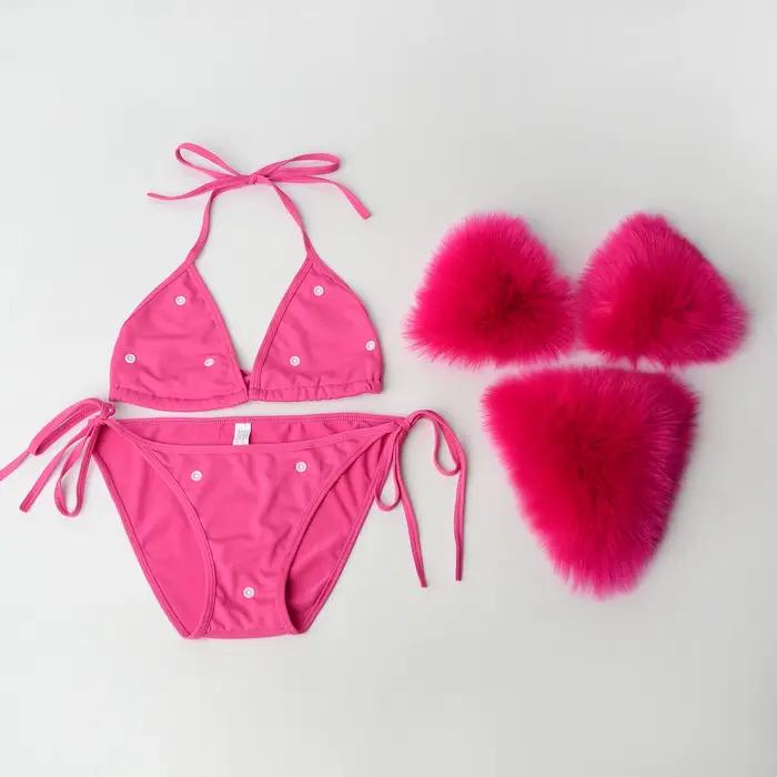 2024 Sexy femmes maillot de bain femme solide noir Micro fourrure Bikini ensemble Push Up maillots