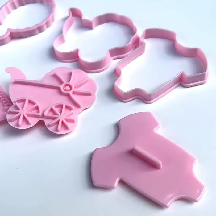 Coupe-biscuits 4 pièces thème bébé pâte timbre en plastique 3D dessin animé pressable Biscuit moule confiserie cuisson pâtisserie ustensiles de cuisson