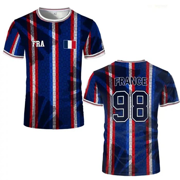 Maillot de football imprimé drapeau français, t-shirt d'été unisexe décontracté à manches courtes, pour l'entraînement sportif, respirant et à séchage rapide