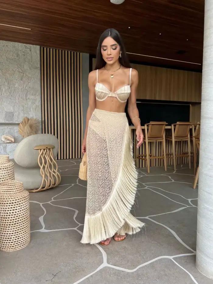 Maillot de bain 3 pièces ensemble avec jupe à franges Bikini femmes