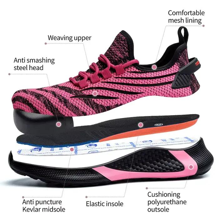 Chaussures de sécurité pour femmes, couleur rouge Rose, anti-écrasement, anti-perforation, chaussures indestructibles, baskets de travail, chaussures à bout en acier, grande taille 35-44