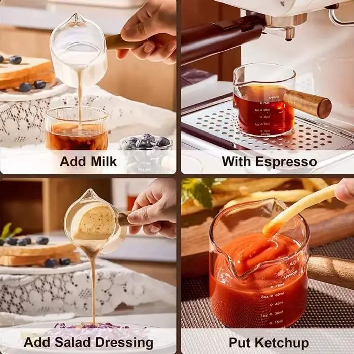 Tasse à mesurer expresso 75ml, pichet à lait à Double bec avec manche en bois et balance pour Barista café Latte Extraction verre à Shot
