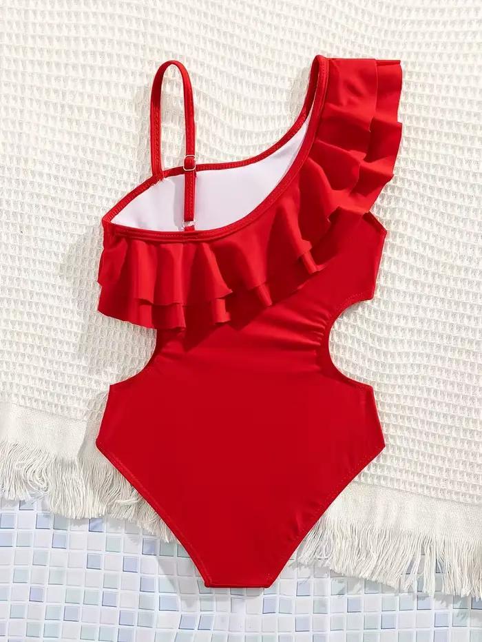Maillot de bain une pièce à volants et épaule dénudée pour filles, couleur unie, pour adolescentes, maillot de bain pour enfants, vêtements de plage