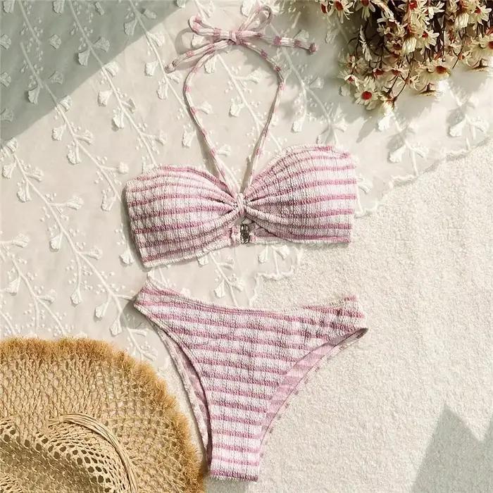 Ensembles de bikinis bandeau à imprimé rayé et à nouer