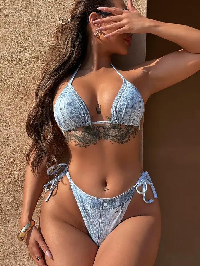 Sexy Denim imprimé Bikinis femme été 2026 Push Up Bikini ensemble maillot de bain deux pièces string maillots