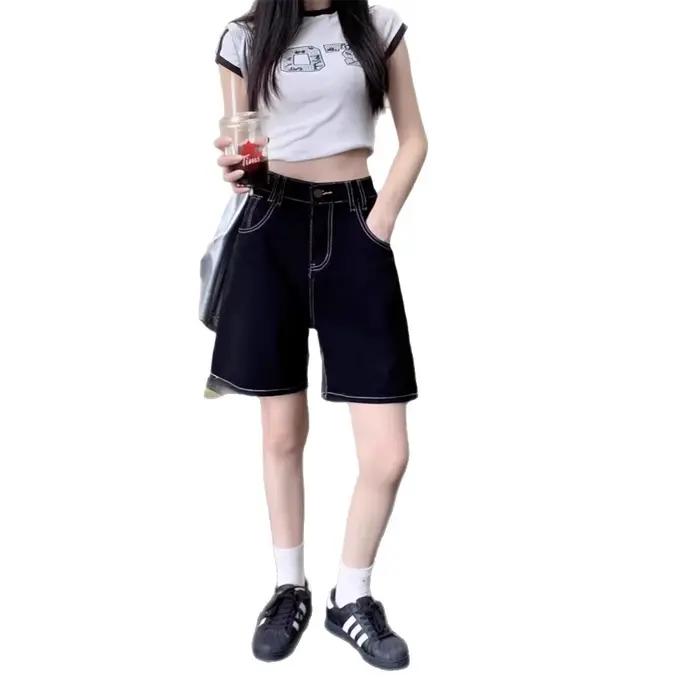Shorts en jean taille haute noir délavé coupe large pour femme – Collection été 2025 – Style décontracté amincissant cinq-quarts
