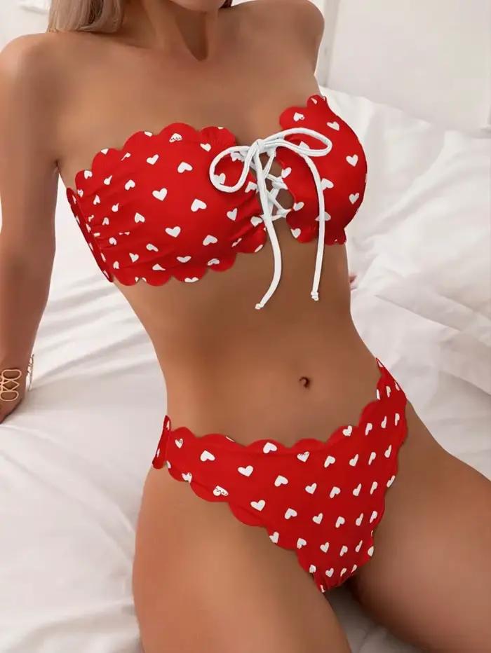 Cikini Swim Mod coeur imprimé Bandeau Bikini ensemble Valentine été maillot de plage