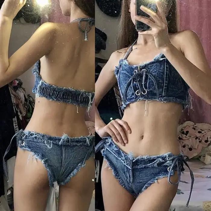 Maillot bain deux pièces en jean pour femmes, col licou, pour les vacances, X7JD