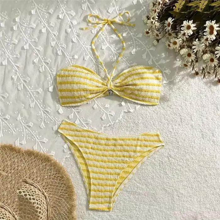Ensembles de bikinis bandeau à imprimé rayé et à nouer