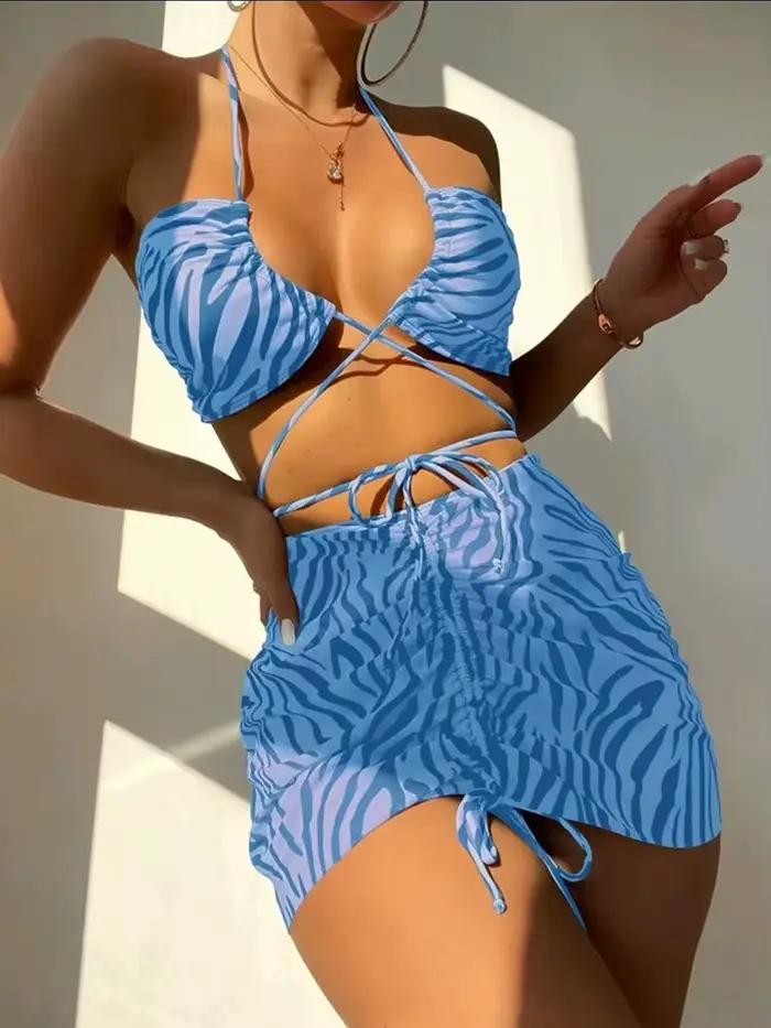 Ensemble de 3 bikinis à rayures zébrées pour femmes, maillot de bain à lacets, jupe de plage, maillot de bain rembourré pour femmes, vêtements de plage d'été, polyester et élasthanne, style de plage, junior, confort et flexibilité, pour les vacances et les sorties estivales