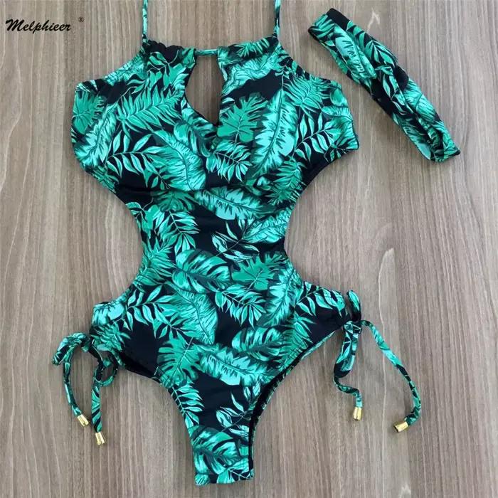 Maillot de bain une pièce imprimé feuilles vertes