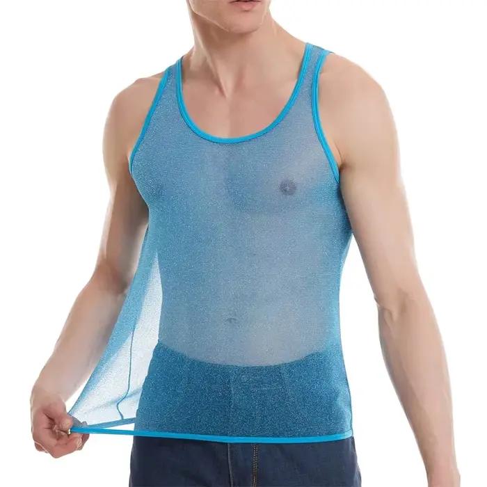 Maillot de corps transparent brillant pour homme, maillot de corps moulant, maillot de sport respirant, maillot de fitness