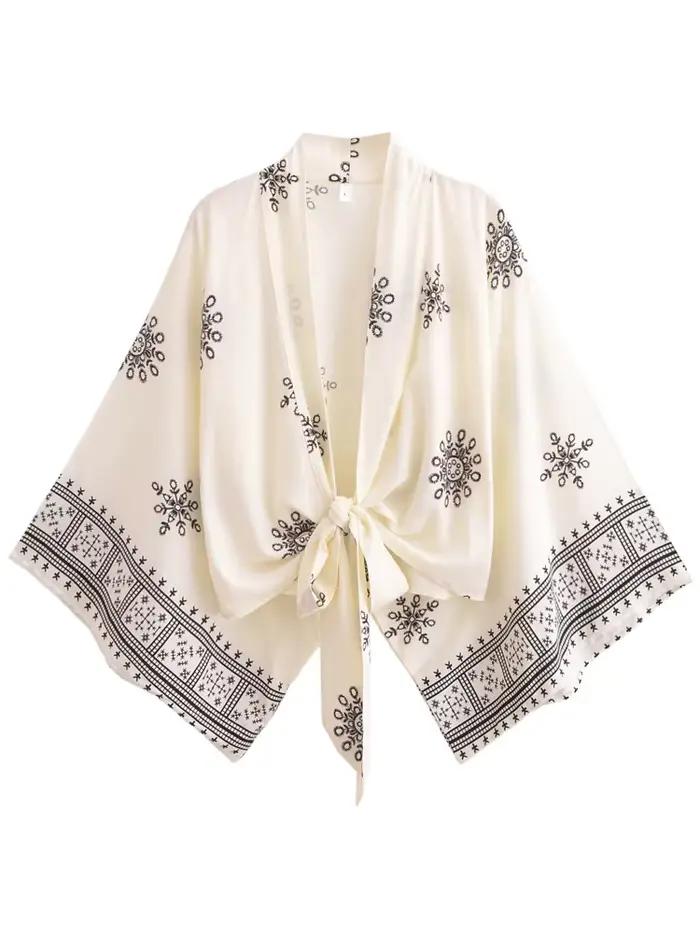 Cache maillot à manches chauve-souris imprimé floral pour femme, kimono bohème, robe courte, maillots de bain vintage, vêtements de plage, mode