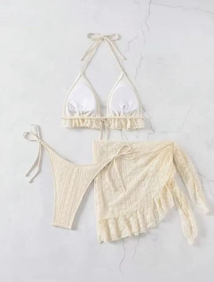 2025 femmes Sexy licou Bikini 3 pièces ensemble solide blanc laiteux maillot de bain avec maille couverture Ups plage