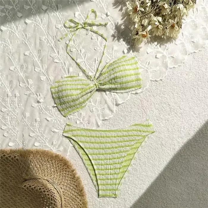 Ensembles de bikinis bandeau à imprimé rayé et à nouer