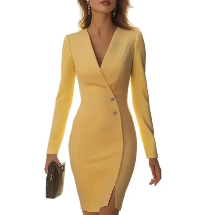 Robe mi-longue élégante pour femmes, coupe cintrée, soirée, bureau, couleur unie, revers, manches trois-quarts, ourlet asymétrique avec fermeture à boutons