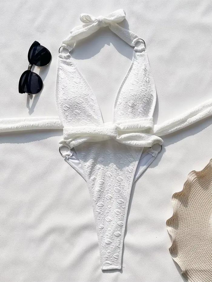 Maillot de bain une pièce pour femme, blanc pur, sexy, col en V, licou, à lacets, dos nu, tanga, bikini, monokini, plage, vacances, 2025